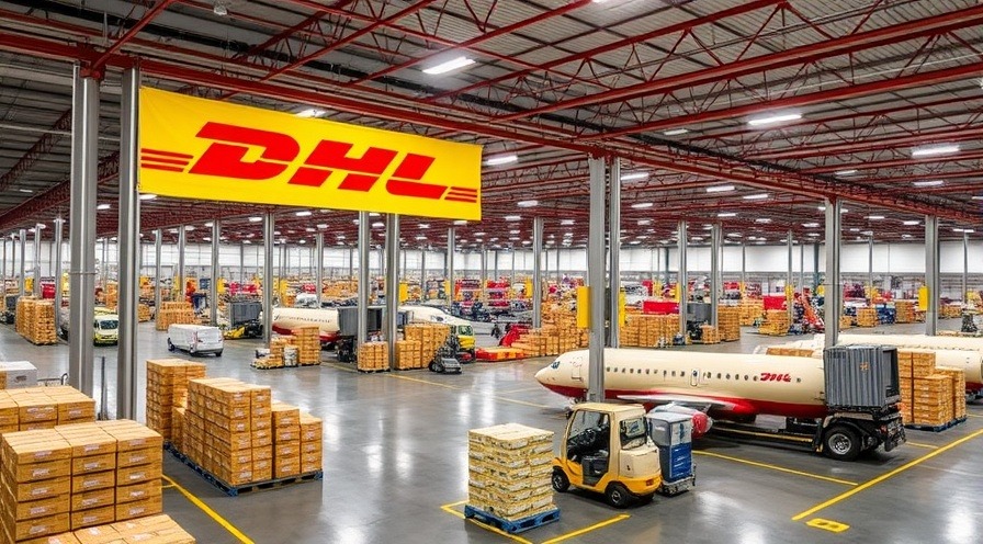 DHL sorting facility with packages on conveyor belts, showcasing logistics efficiency.