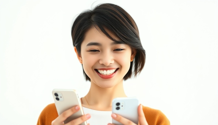 Young woman smiling with smartphone and search bar overlay.