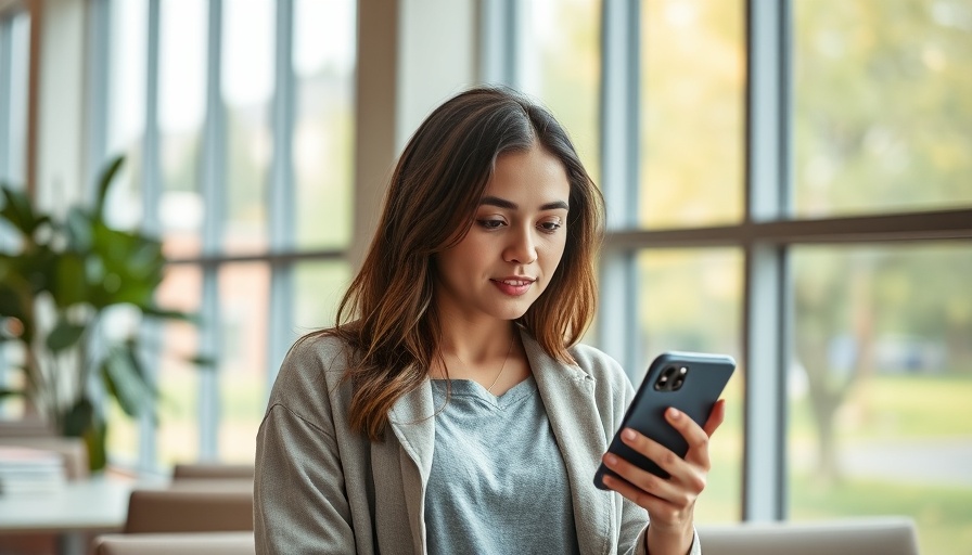 Woman using smartphone for voice search SEO in modern office.