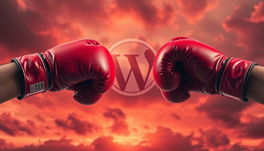 WordPress logo with red boxing gloves under dramatic sky; Mullenweg hires new lawyer theme.