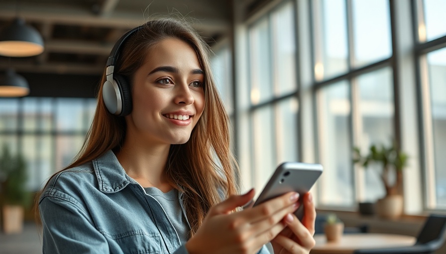 Young woman using voice search on smartphone in office, Voice Search SEO.