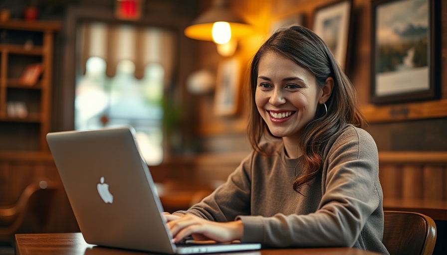 Woman working on laptop in cafe with warm lighting