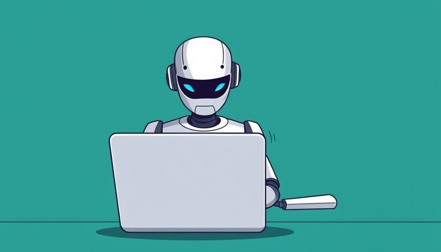 AI Assistant robot cartoon using a laptop, minimalistic style.