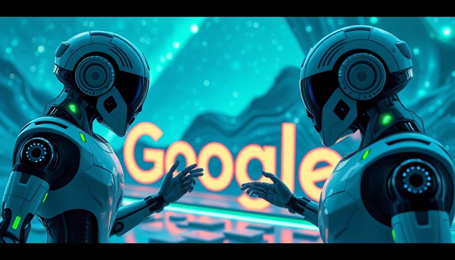 Futuristic AI robots exploring Google logo, digital landscape.