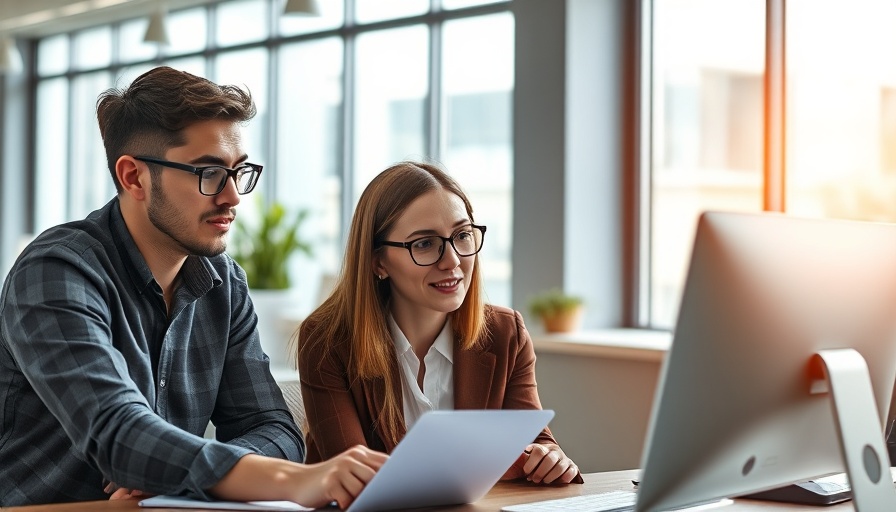 Young professionals analyzing data on a computer in modern office.