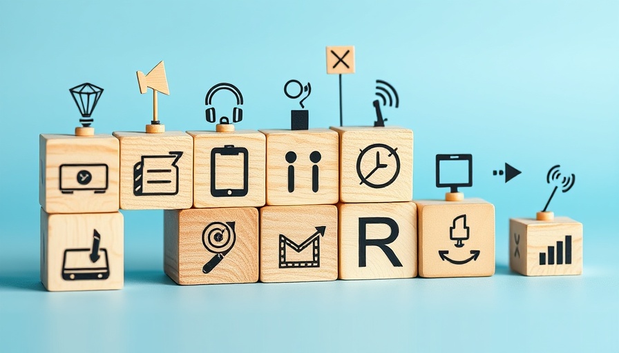 Omnichannel search strategies visualized with technology icons on blocks.