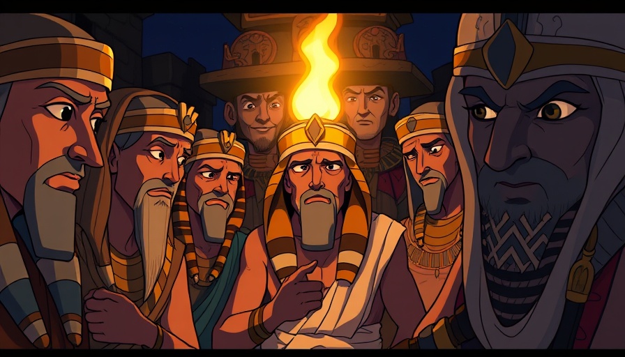 Cartoon Egyptians gathering at night, God's unchanging nature theme.