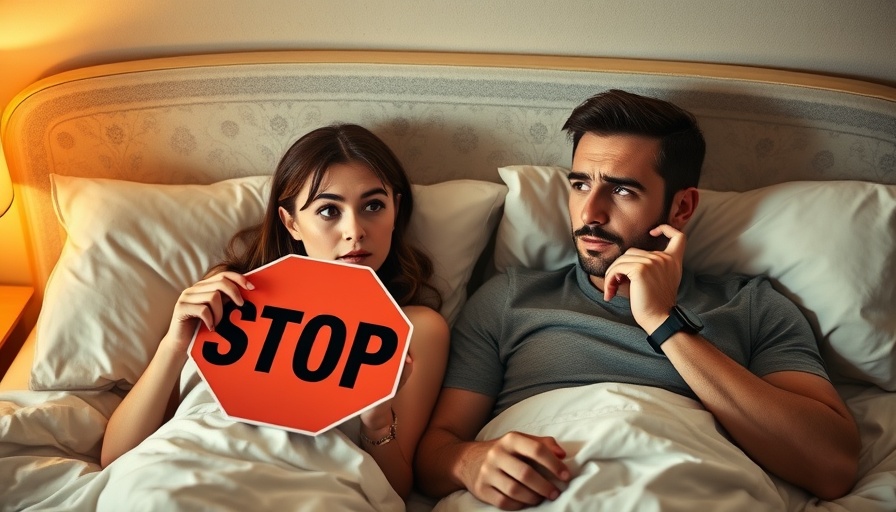 Couple in bed with stop sign discussing ban on sex on Sabbath.