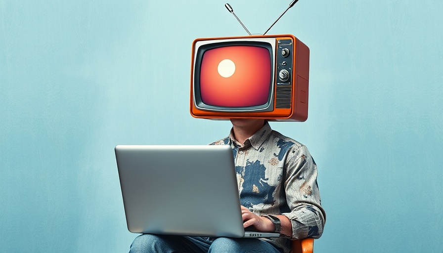 Surreal image of a person with TV pattern head using a laptop, representing YouTube new viewer metrics.