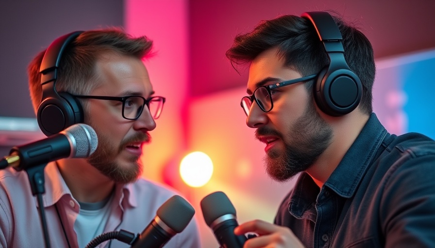 Two men discussing AI in a podcast studio, vibrant colors.