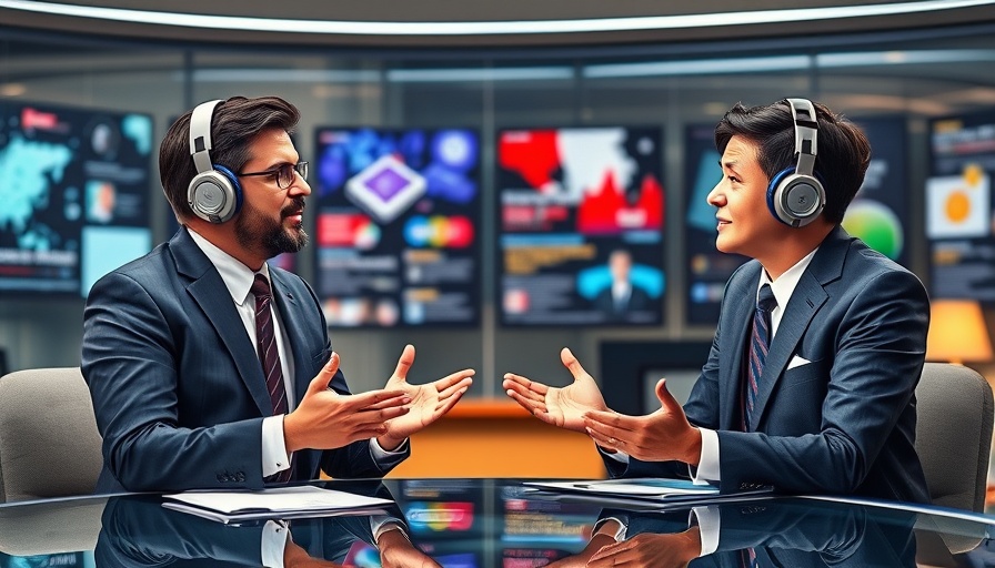 Engaging AI news discussion with hosts in a vibrant newsroom.