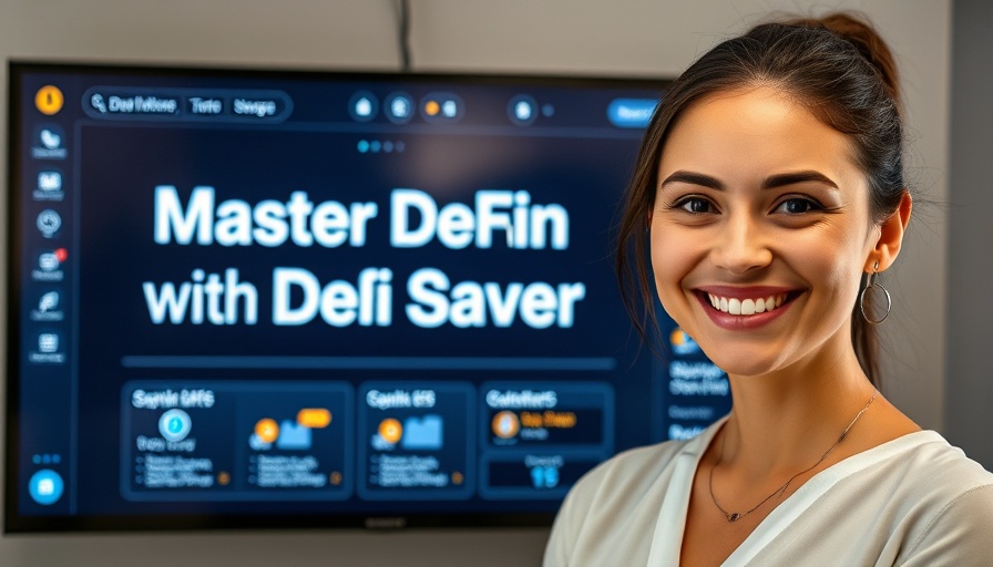 Smiling woman in front of DeFi Saver interface, bold text.