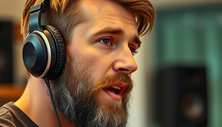 Bearded man speaking into microphone depicting human qualities in an AI-driven world.