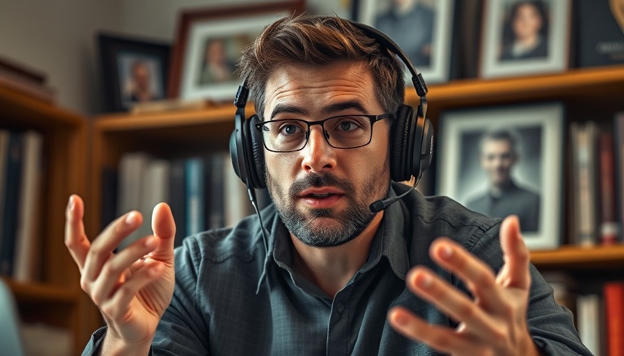 Man explaining AI assistant privacy risks in a home office.