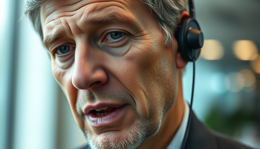 Focused man with earphones speaking in an office setting.