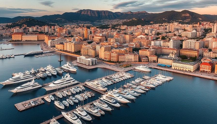 Aerial view of Cannes harbor at sunset, luxury yachts docked.