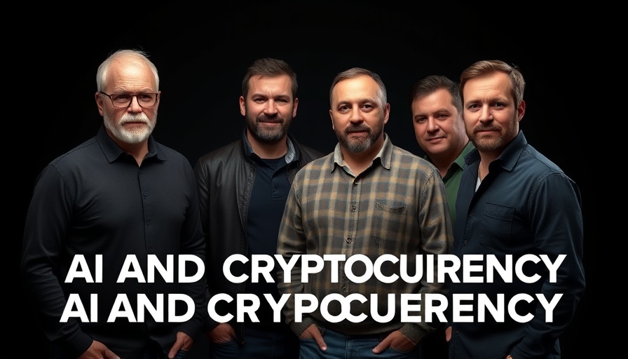 Group of men with AI and cryptocurrency text overlay.