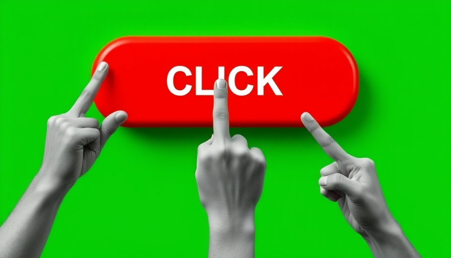 Monochrome hands pointing at red click button on green background.