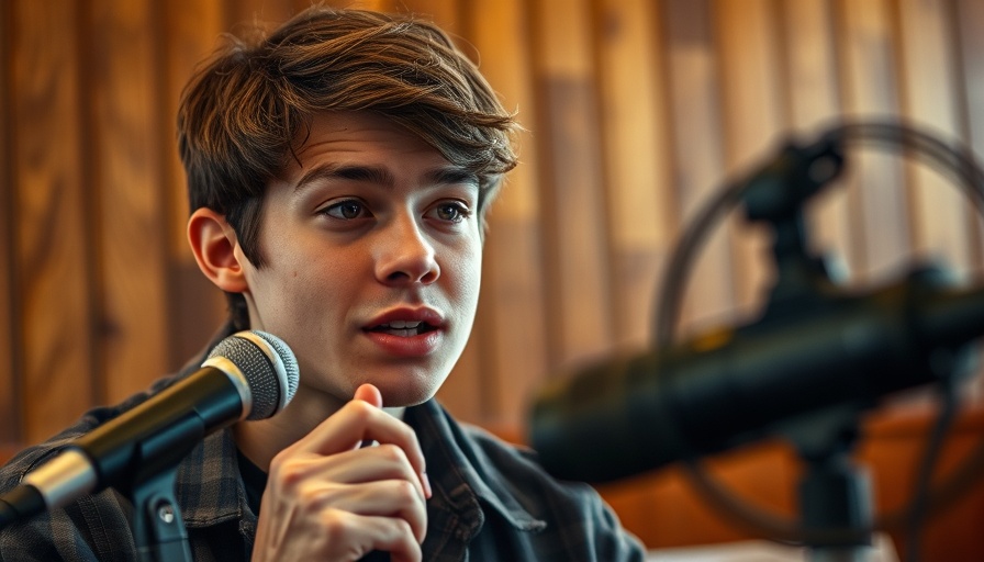 Young person casually speaking into a microphone indoors.