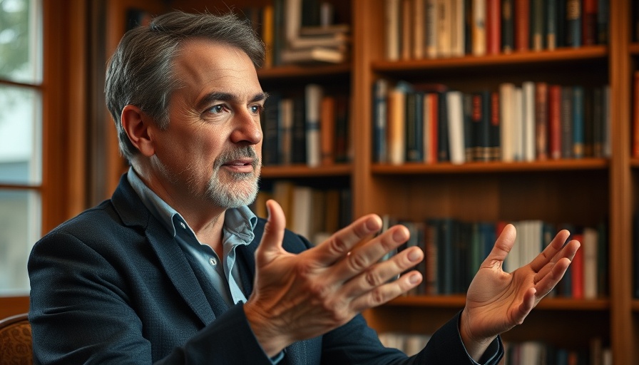 Middle-aged man discussing with expressive gestures indoors, RFID chip implant context.
