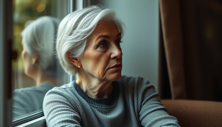Elderly woman experiencing loneliness and memory decline looks out window.