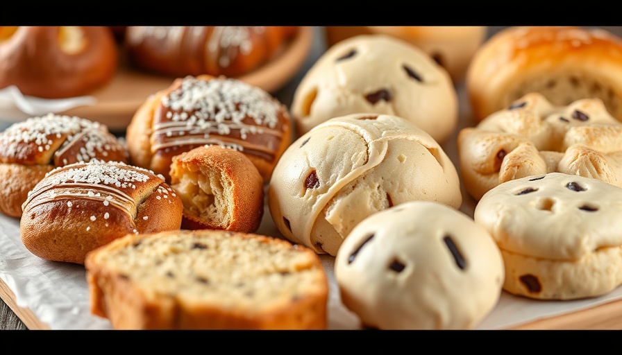 Assorted high-protein dough baked goods including bagels and rolls.