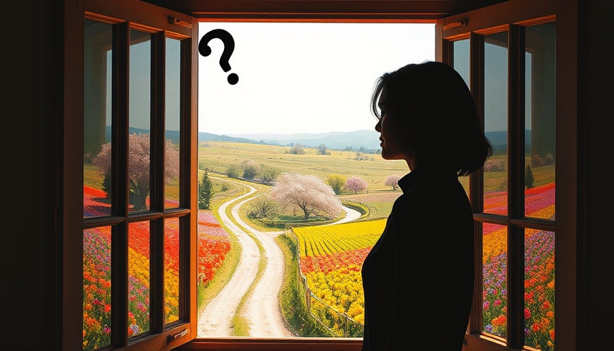 Contemplative woman looks out at a vibrant landscape with a winding path.