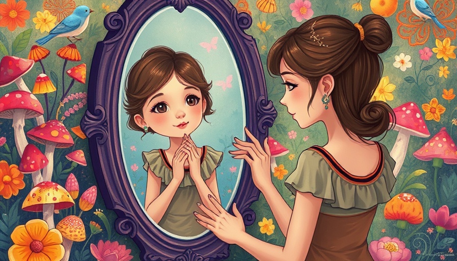 Whimsical illustration of inner child healing with floral background.