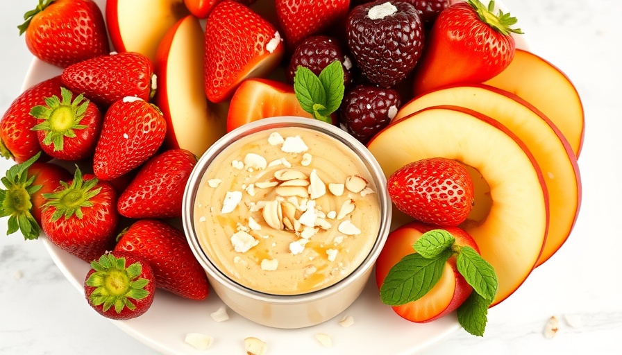 Colorful fruit platter with almond butter dip for healthy snack recipes.