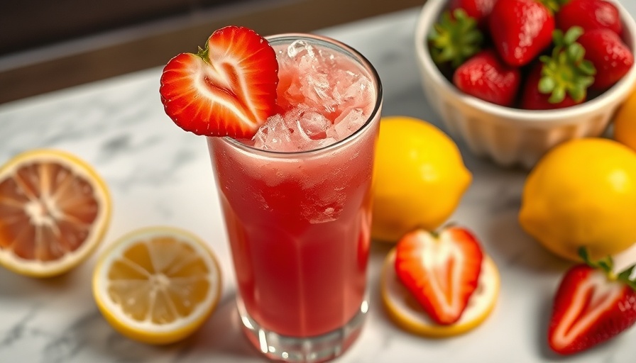 Berry lemonade workout slushie in a glass with strawberries and lemons.