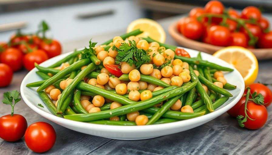 Vibrant green bean chickpea salad with tofu cubes and cherry tomatoes.