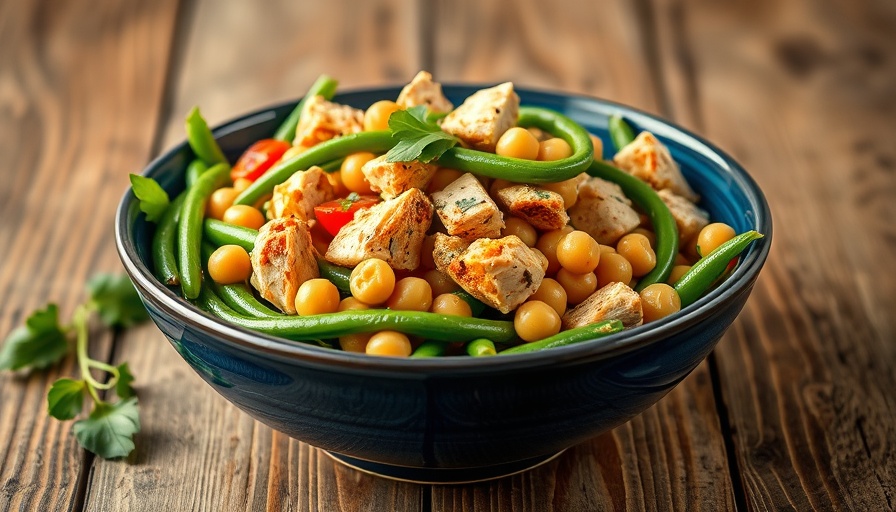 Vibrant green bean chickpea salad with chicken served in blue bowl.