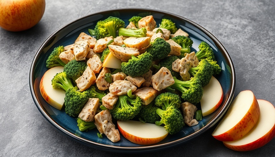 Broccoli chicken salad with apples on blue plate.