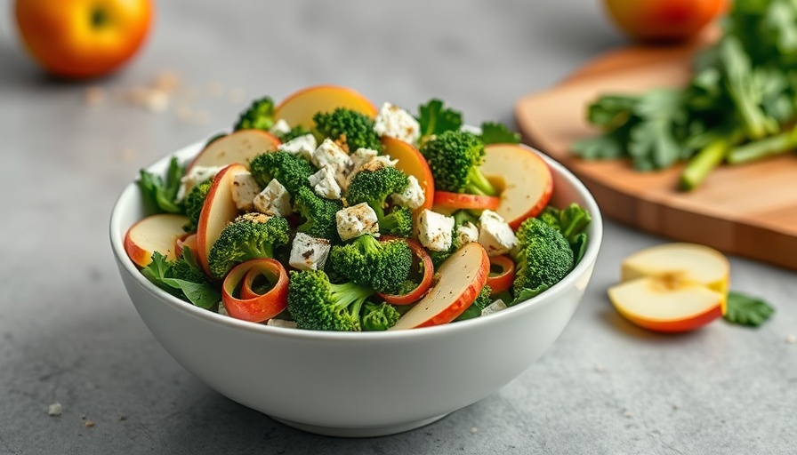 Broccoli Tempeh Salad with apples and feta in a white bowl