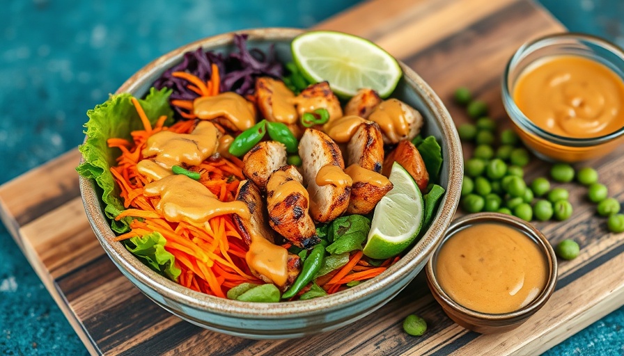 Peanut chicken power bowl with fresh greens and sauce.