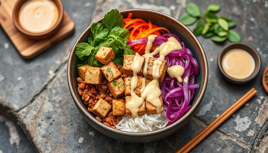 Vibrant peanut tofu power bowl with fresh greens and sauce.