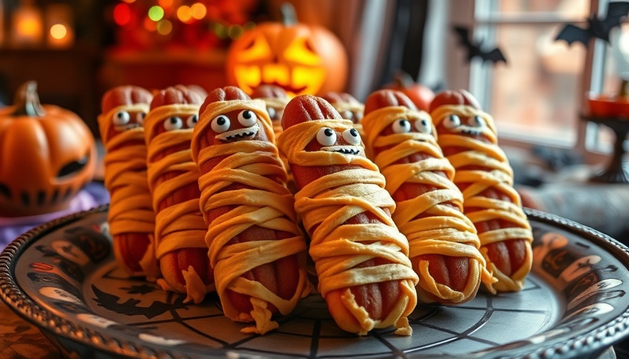 Mummy hot dogs in golden pastry, perfect Halloween recipe.