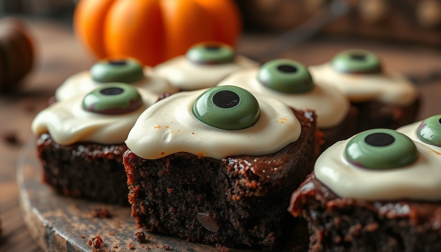 Decorative Halloween eyeball brownies on a wooden table.