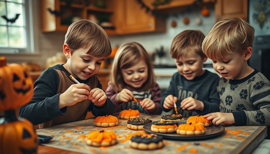 Kids enjoying Halloween baking, decorating cookies with icing.