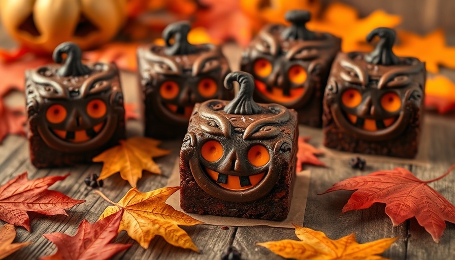 Halloween-themed Jack-o’-Lantern brownies on rustic table with autumn decor.