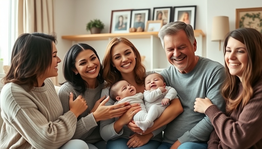 Group smiling with baby in cozy Colombian home, showing joy.