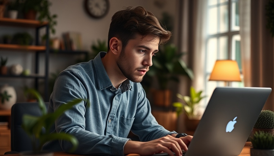 Focused young man working on laptop in home office.