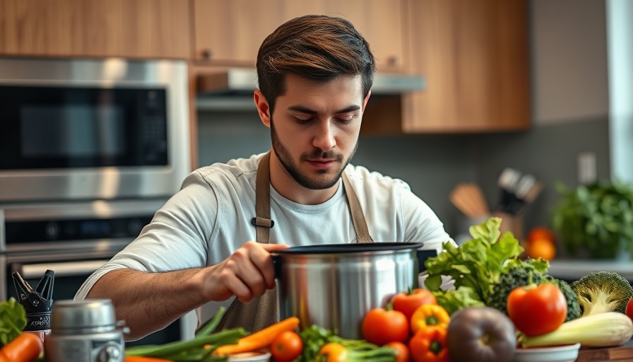 Person setting up sous vide cooker with vegetables, modern kitchen.