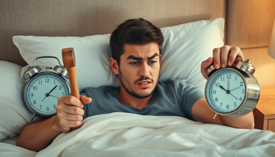 Frustrated man in bed holding a hammer near an alarm clock