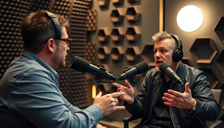 Two men recording a male fertility and sexual health podcast in a studio.