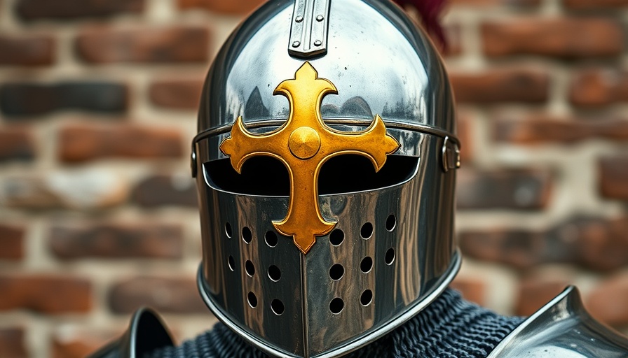 Medieval knight helmet with gold cross, symbolizing men's health and manliness.