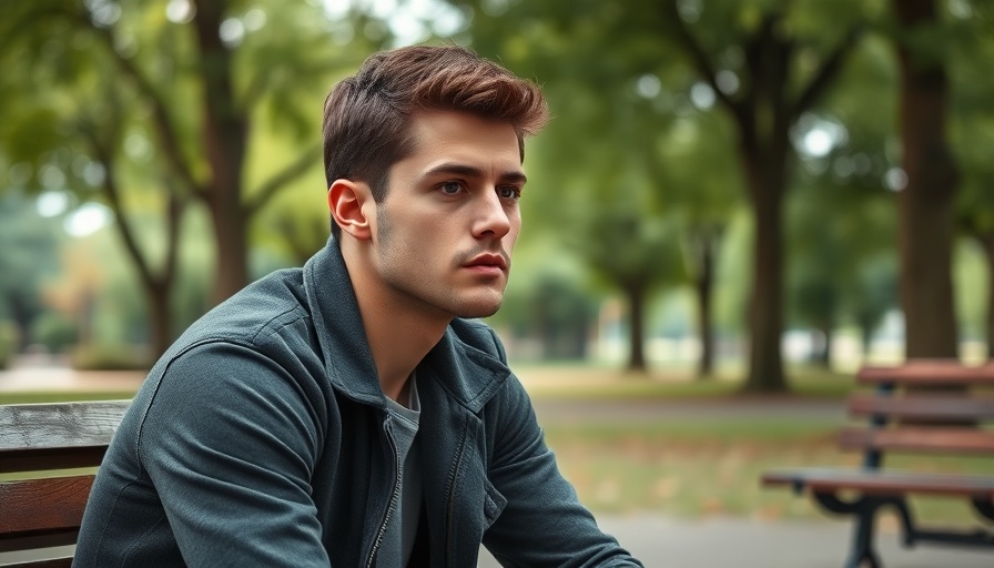 Young man reflecting in a tranquil park setting, highlighting men's mental health.