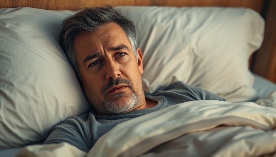 Middle-aged man ignoring sleep apnea signs, lying awake in bed.