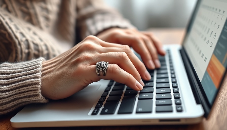 Senior hand typing on keyboard illustrating technology benefits.