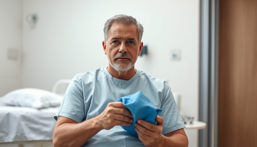 Man in hospital gown holding blue cap, testicular cancer awareness.